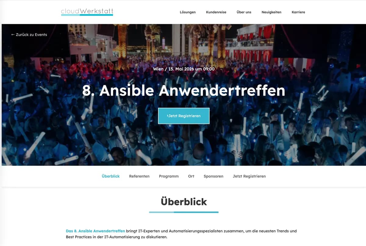 Event detail page "8. Ansible Anwendertreffen" with hero banner, date, registration button, and event overview