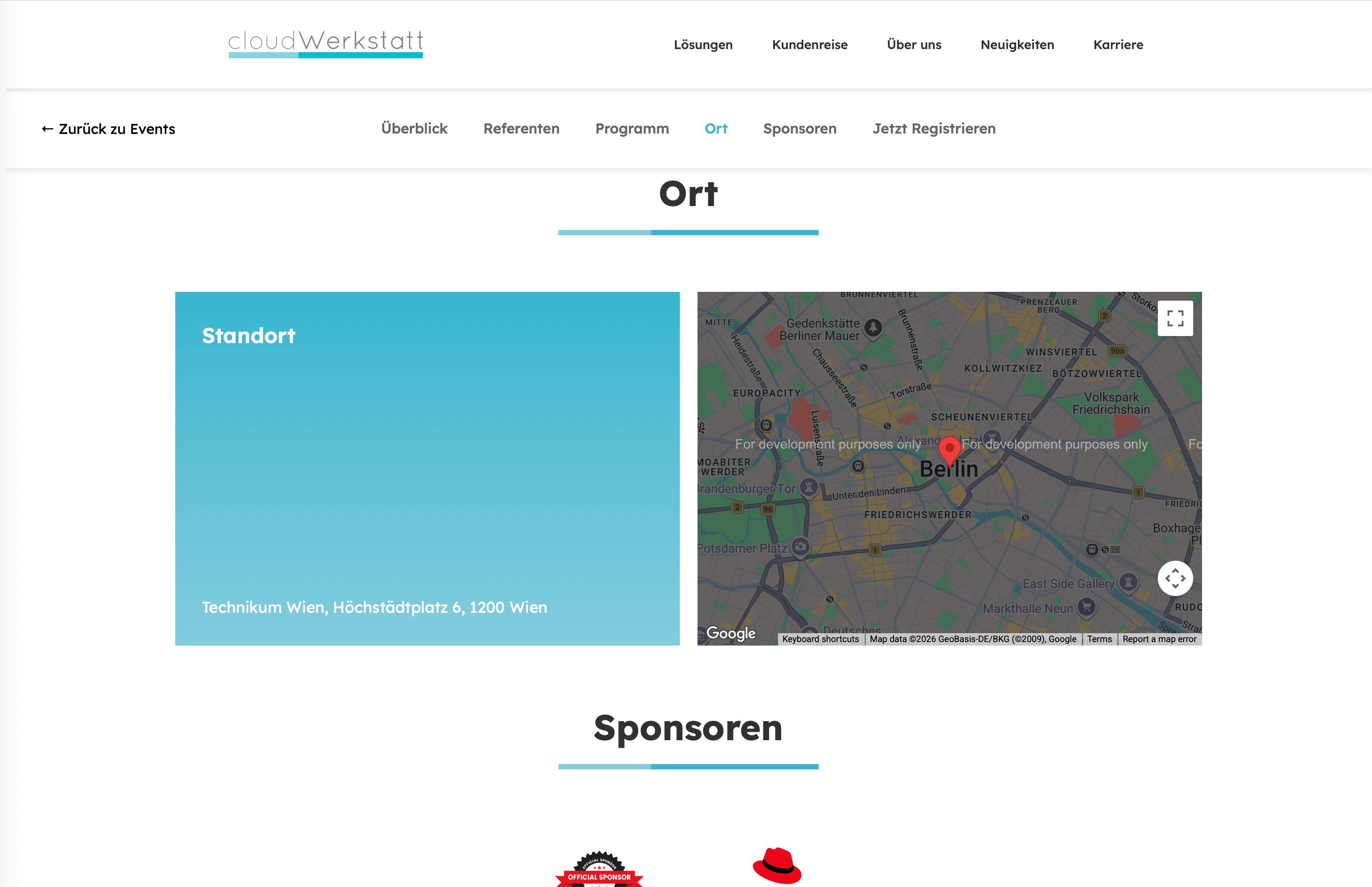 Секция с местом проведения (Technikum Wien) на карте Google Maps и блок спонсоров мероприятия