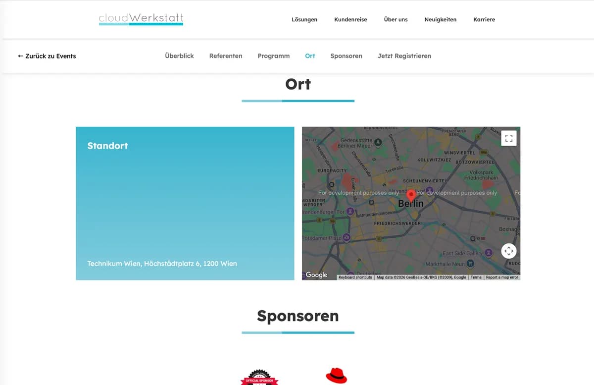 Venue section (Technikum Wien) with Google Maps and event sponsors block