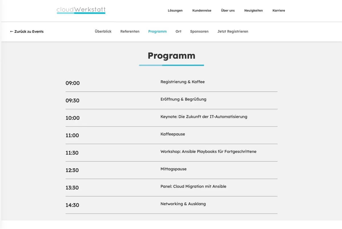 Event program schedule with a full-day timeline of talks, workshops, and breaks