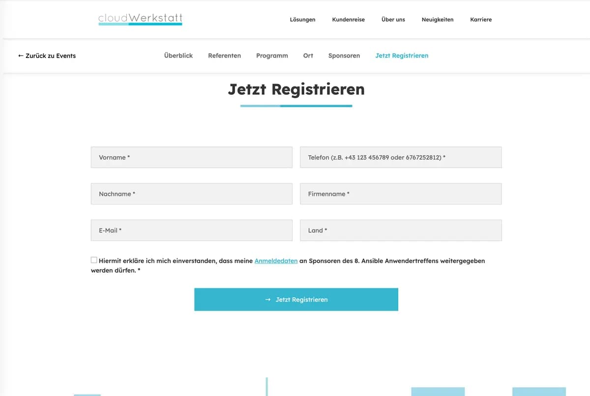 Online registration form with fields for name, contact details, company, and data processing consent