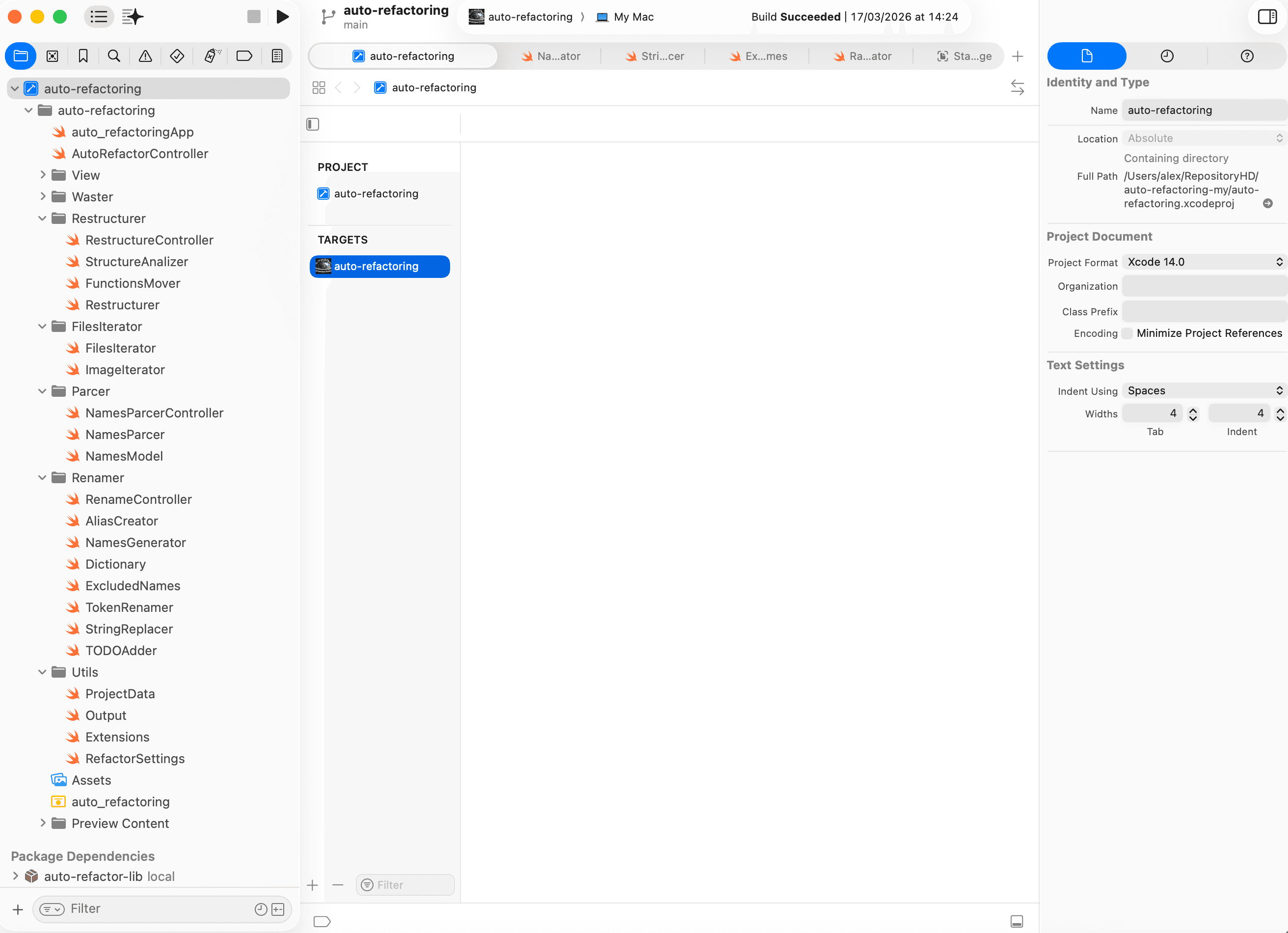 Структура Xcode-проекта обфускатора с модулями Restructurer, Waster, Parser, Rename и Utils.