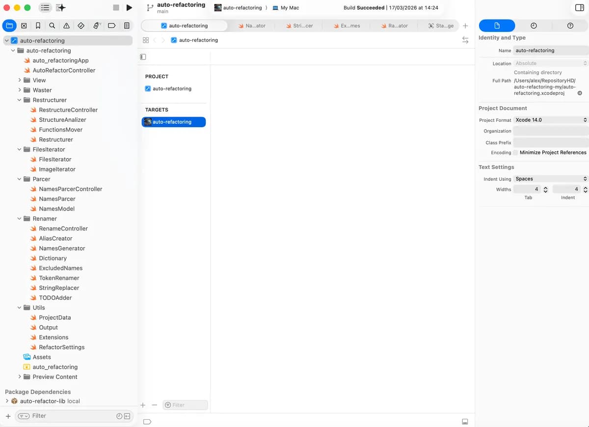 Xcode project structure of the obfuscator with Restructurer, Waster, Parser, Rename, and Utils modules.