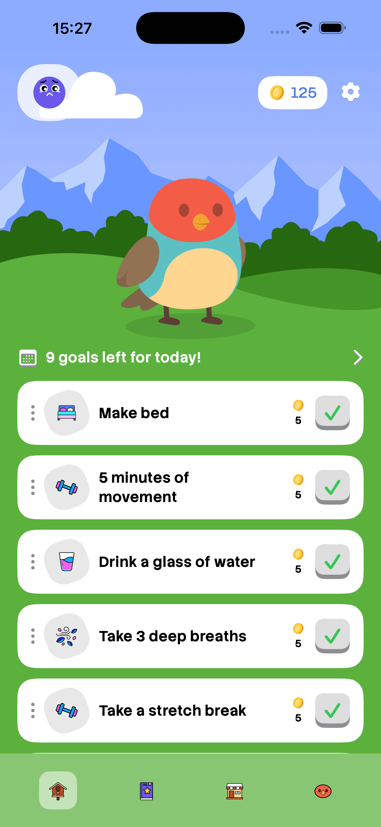 Главный экран с питомцем и списком ежедневных задач на день