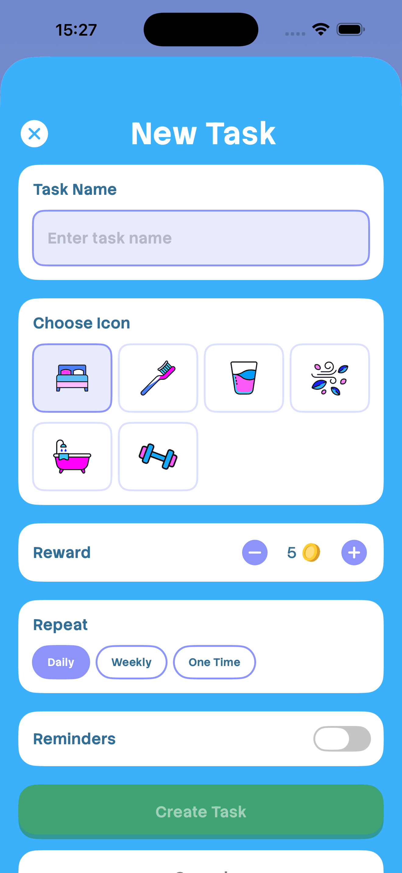 Экран создания новой задачи с выбором иконки, награды и расписания