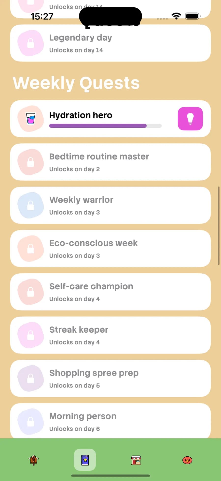 Weekly quests list, unlocked as streak grows