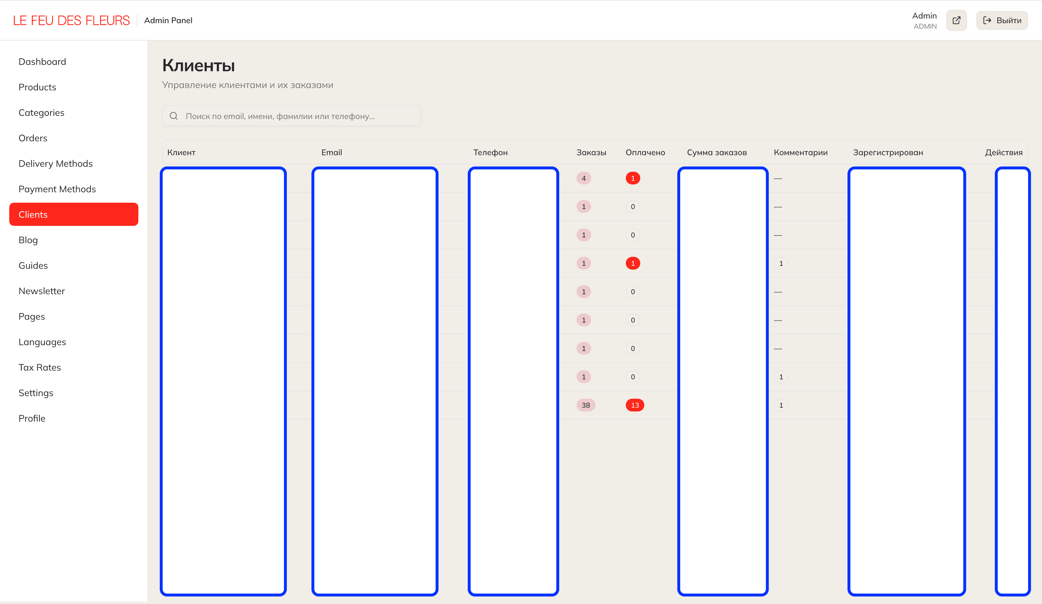 Список клиентов с контактами и историей заказов