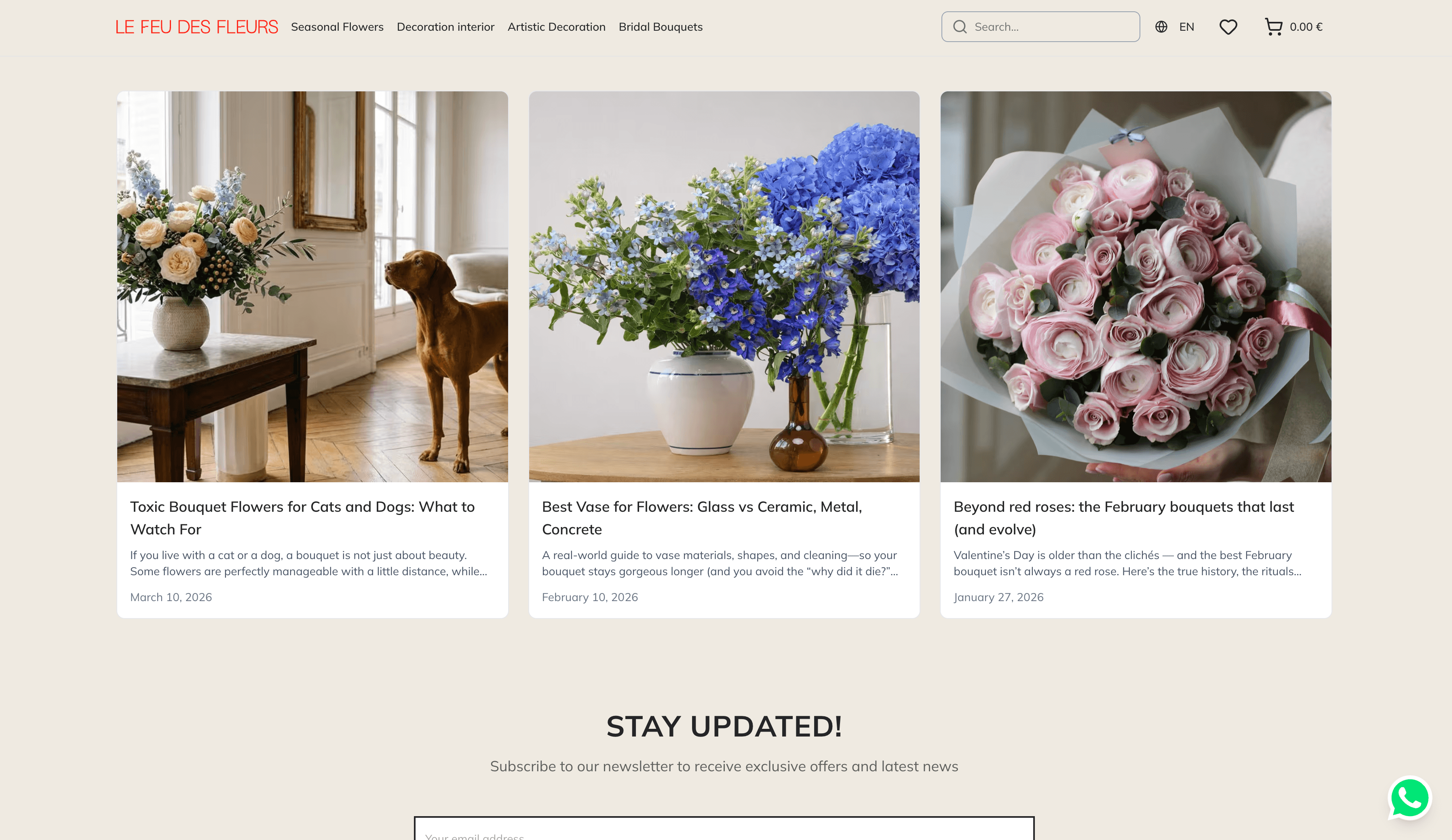 Блок статей блога и форма подписки на рассылку