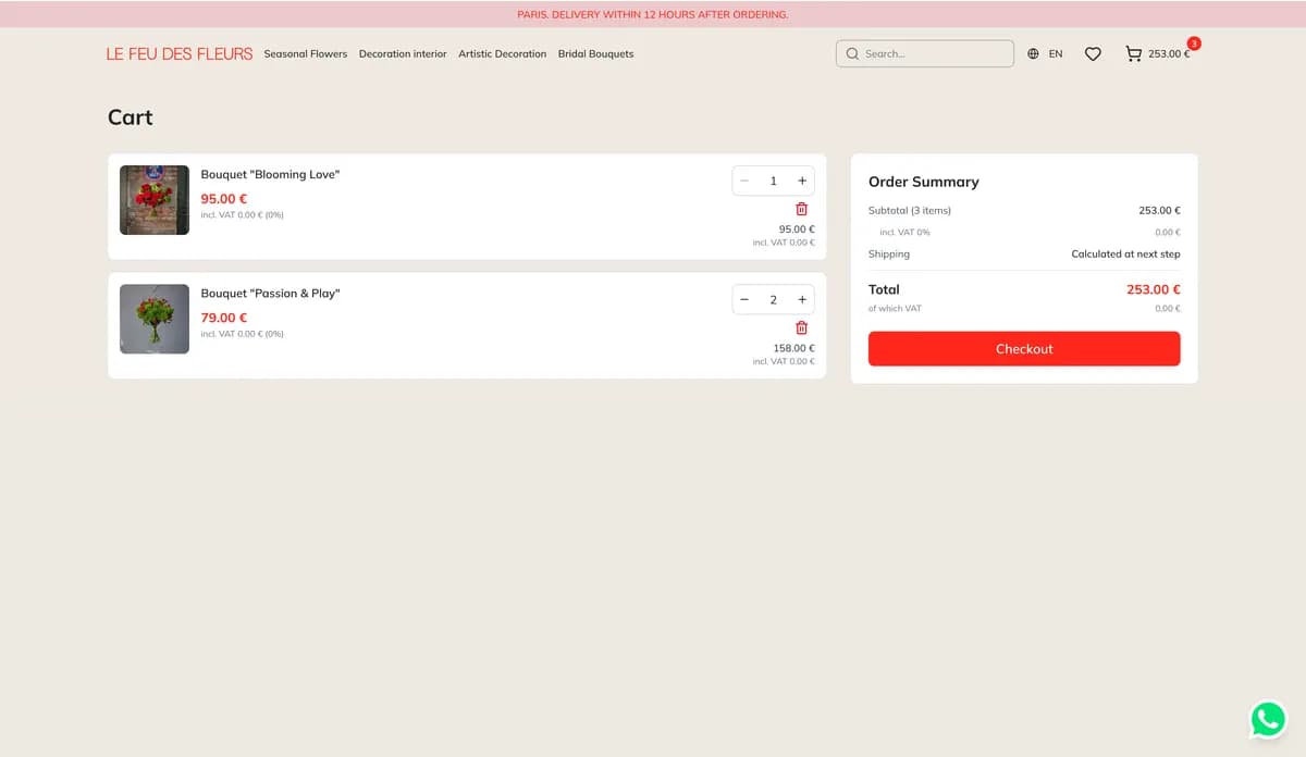 Cart with two bouquets and order summary (EN locale)