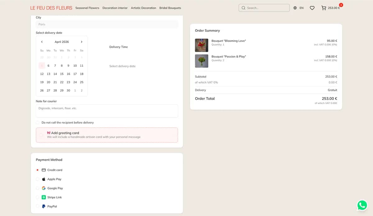 Checkout: delivery date selection, greeting card, and payment methods