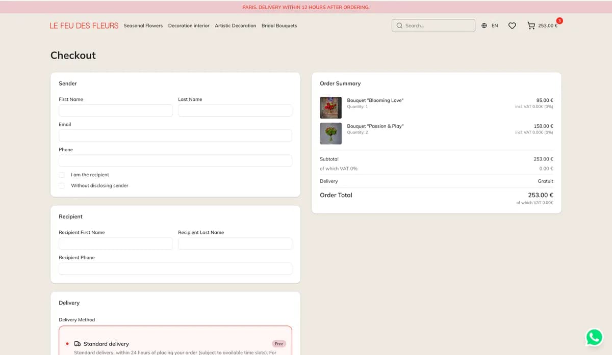 Checkout page with sender and recipient forms