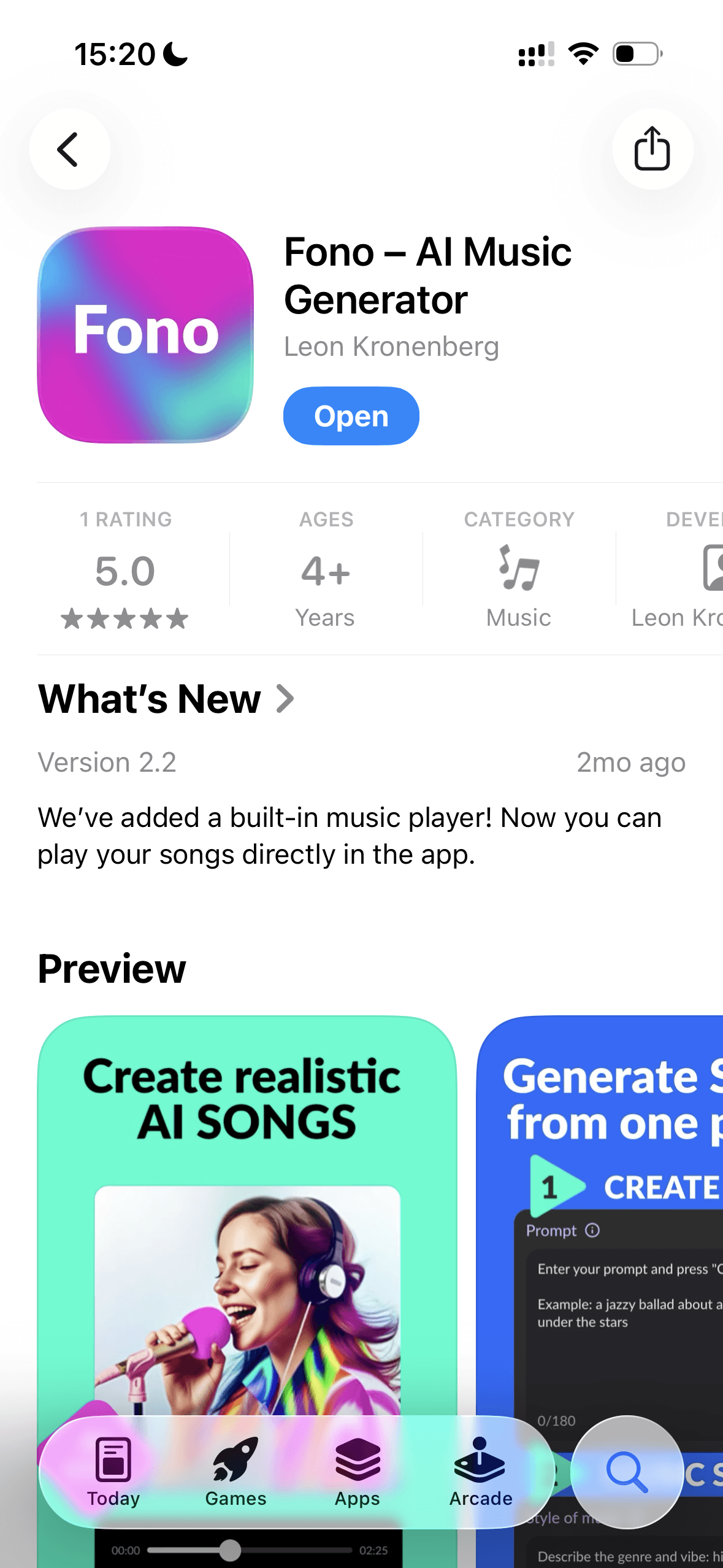 Страница приложения Fono в App Store с рейтингом и превью
