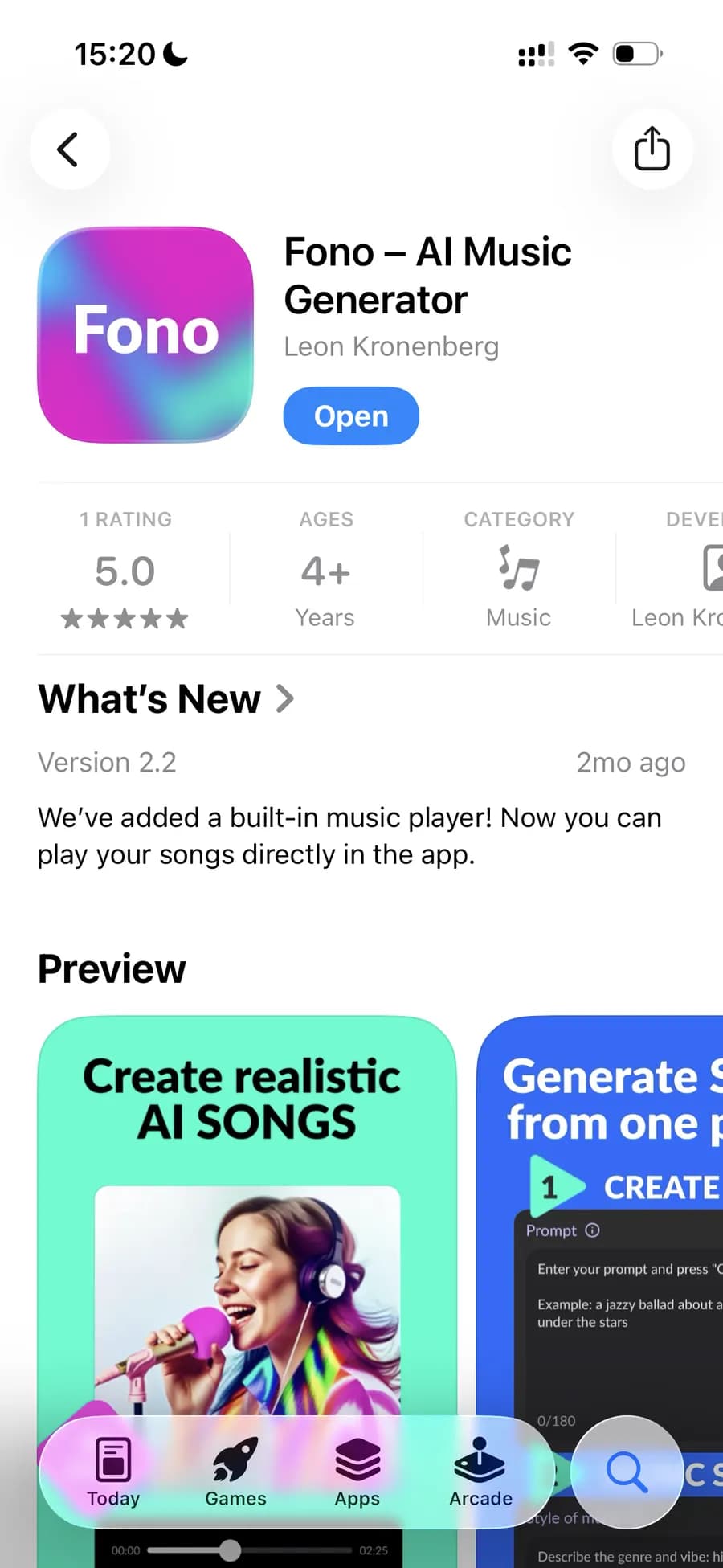 Fono App Store page with rating and previews