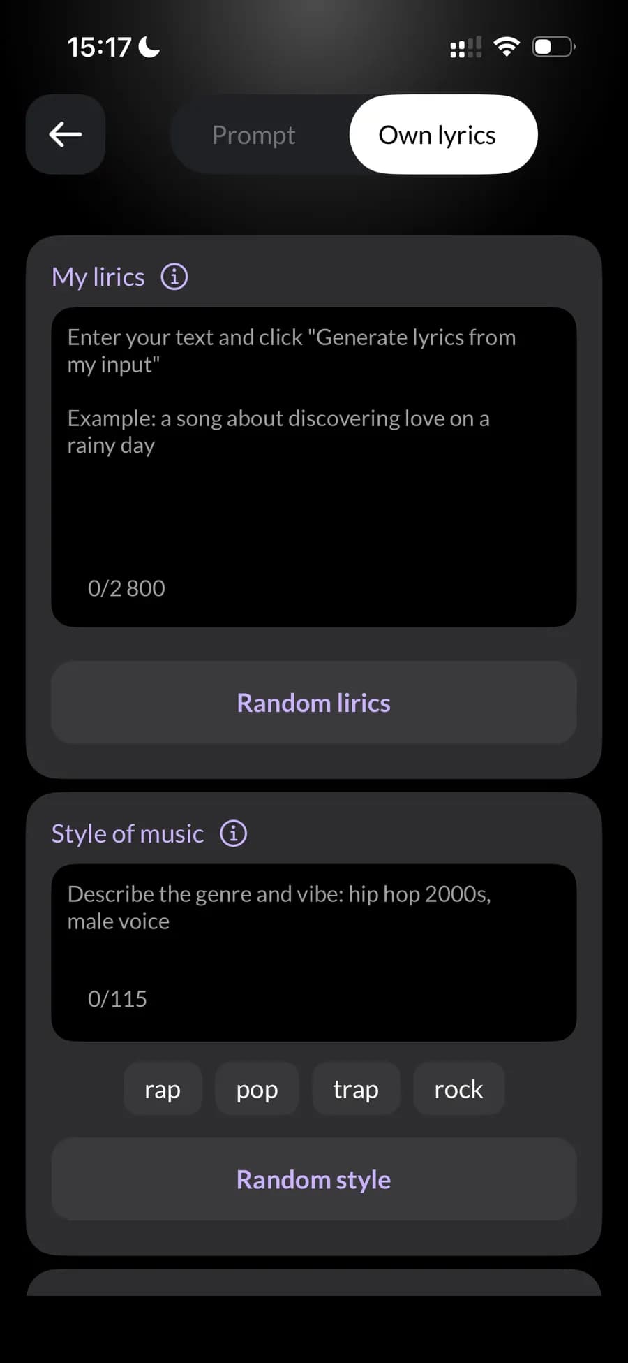 Custom lyrics generation mode with style selection and genre tags