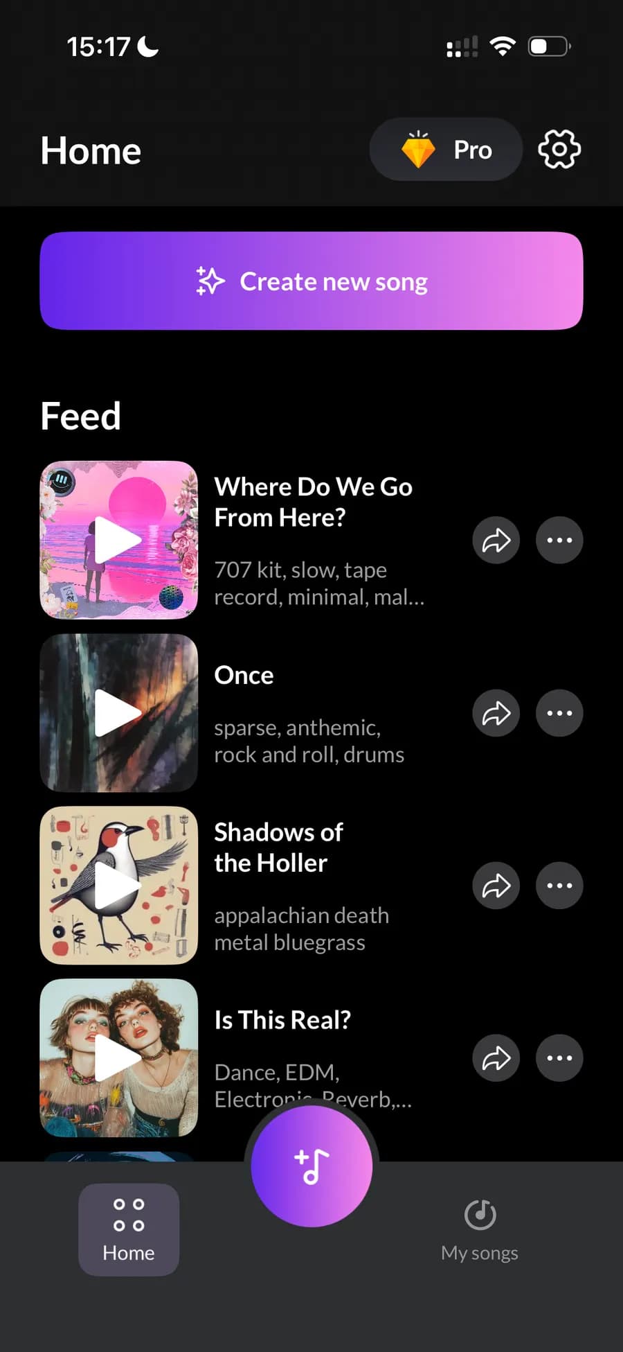 Home screen with community feed and new track creation button