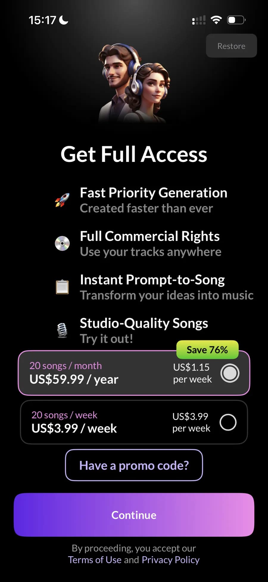Subscription screen with plans, Pro benefits, and promo code field