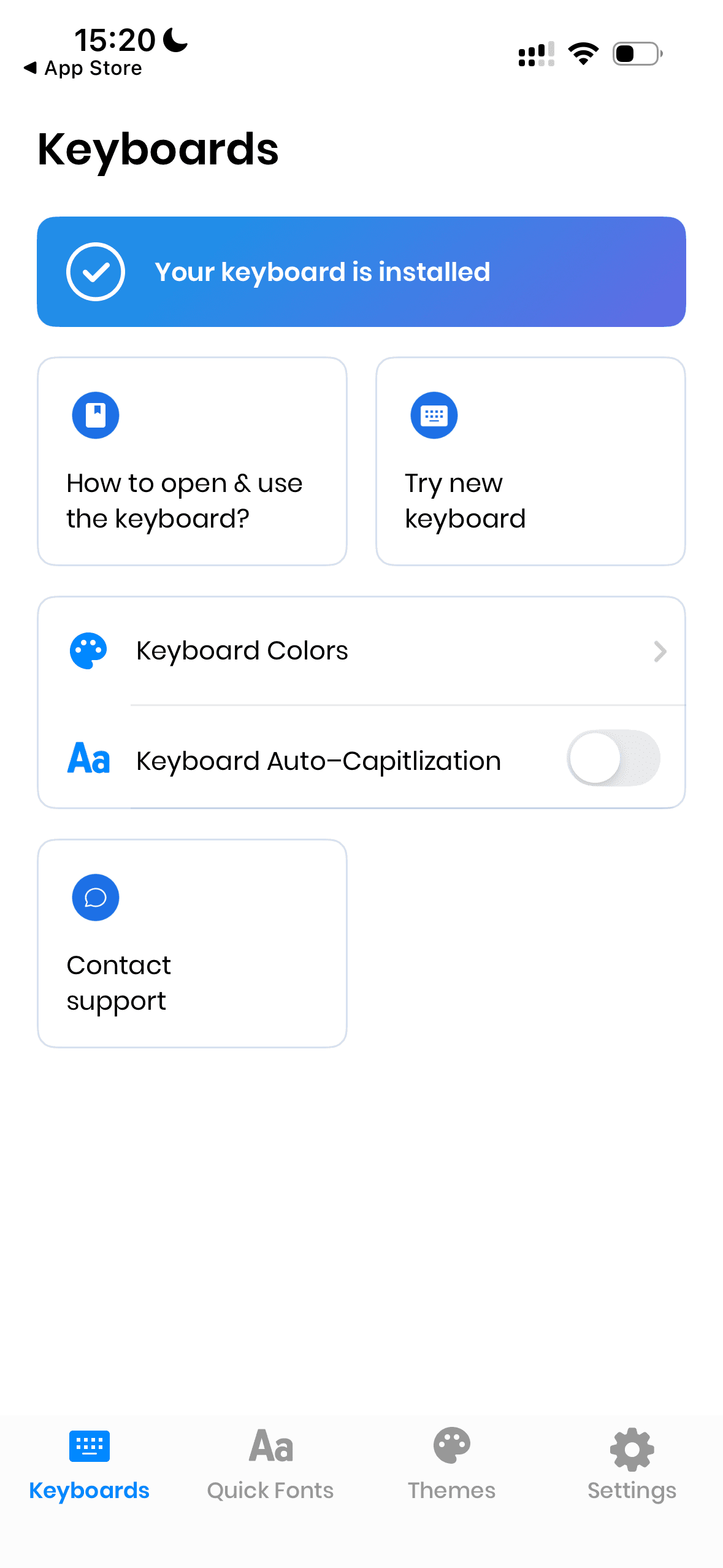 Главный экран приложения с настройками клавиатуры