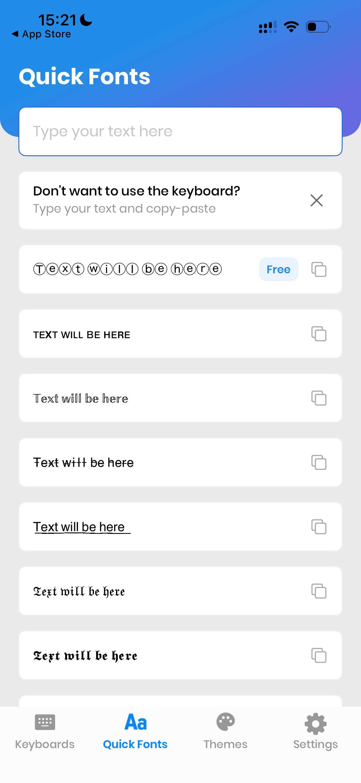 Экран Quick Fonts со списком стилизованных шрифтов