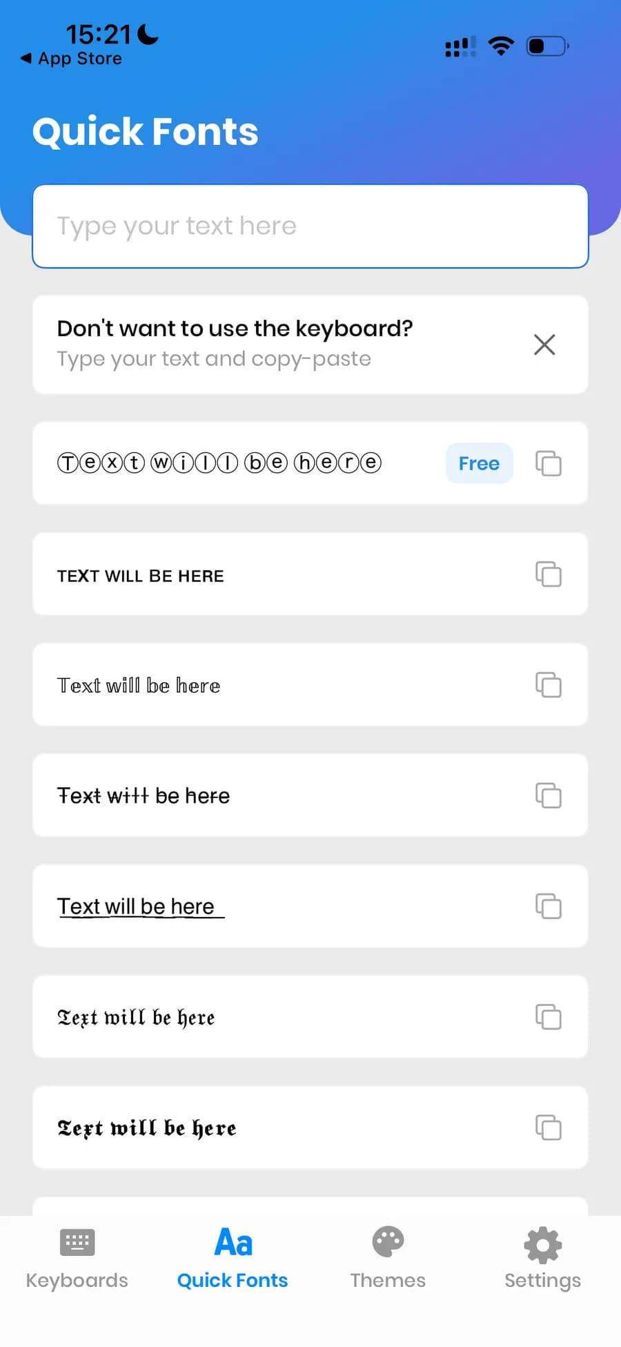 Quick Fonts screen with styled font list