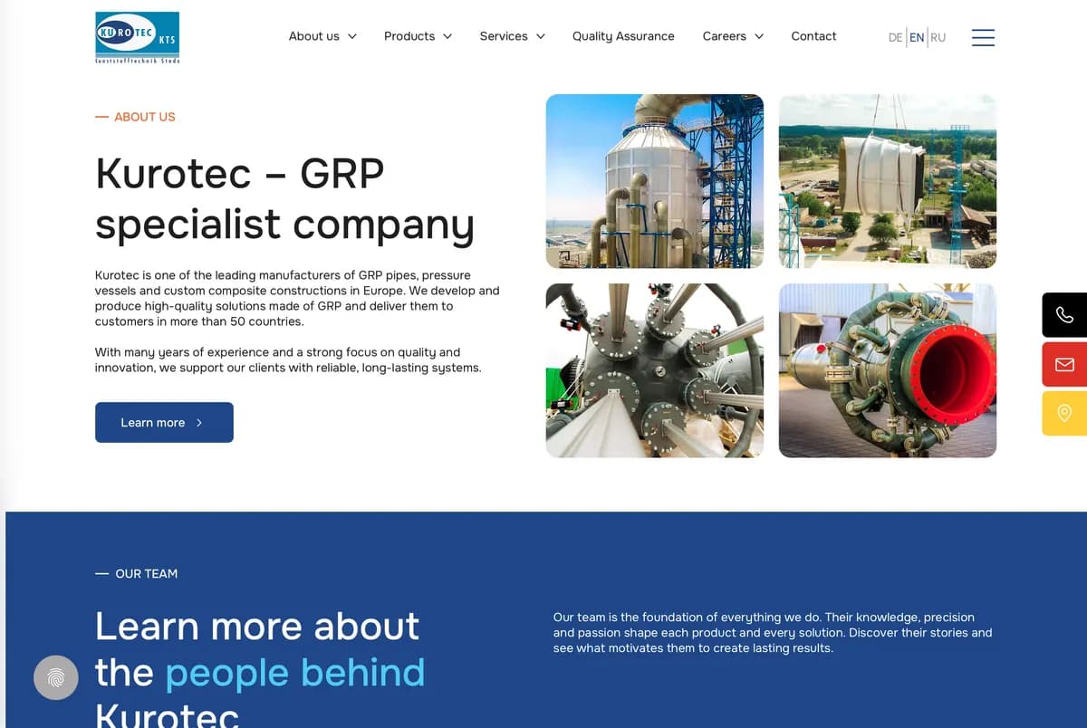About section with Kurotec's composite structures specialization description and product photos.