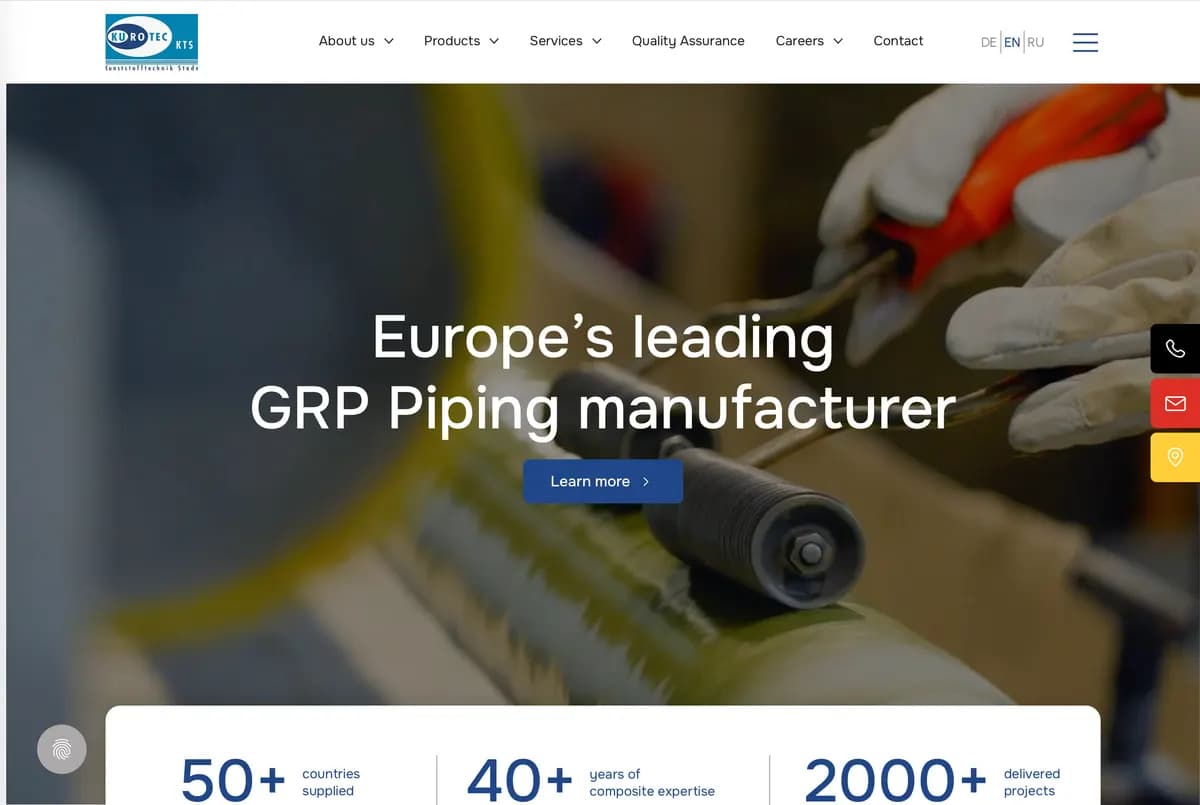 Kurotec KTS homepage with hero banner highlighting Europe's leading GRP pipe manufacturer.