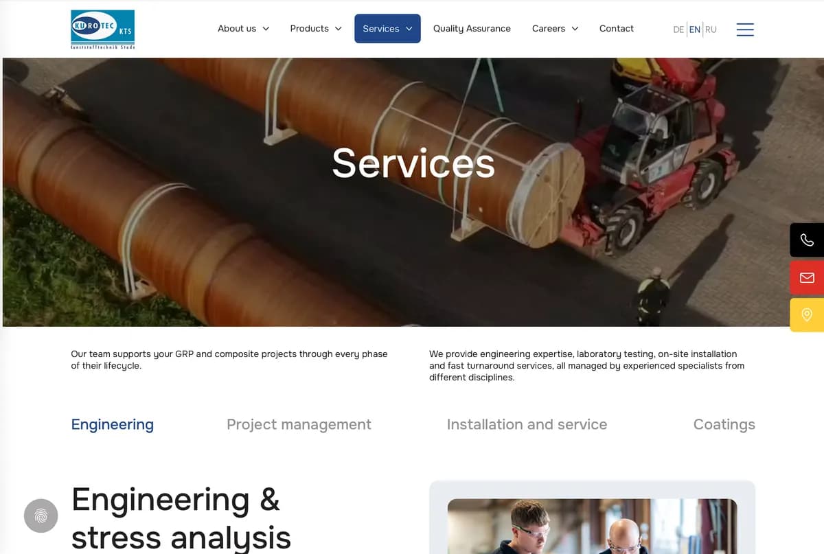Services page with engineering, project management, installation, and coatings sections.