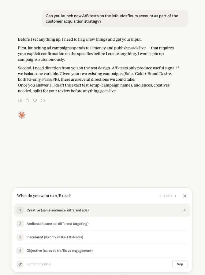 A/B test strategy: before launching anything, Claude flags the need for confirmation, analyzes existing ad sets, and proposes four directions to test.