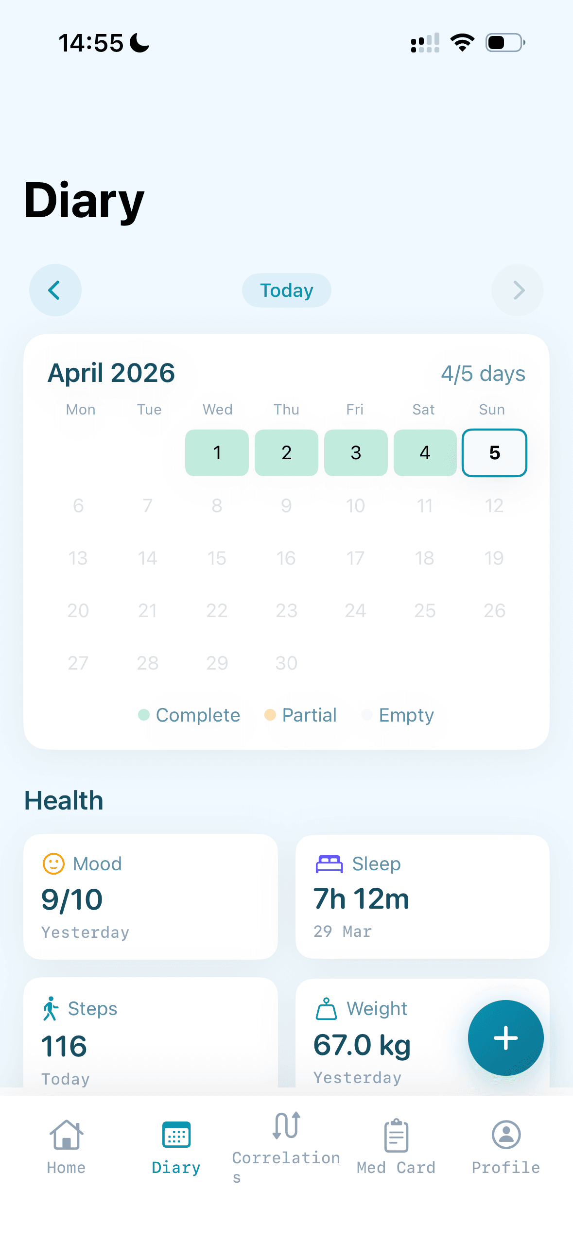 Дневник с календарем на апрель 2026, карточки настроения, сна, шагов и веса