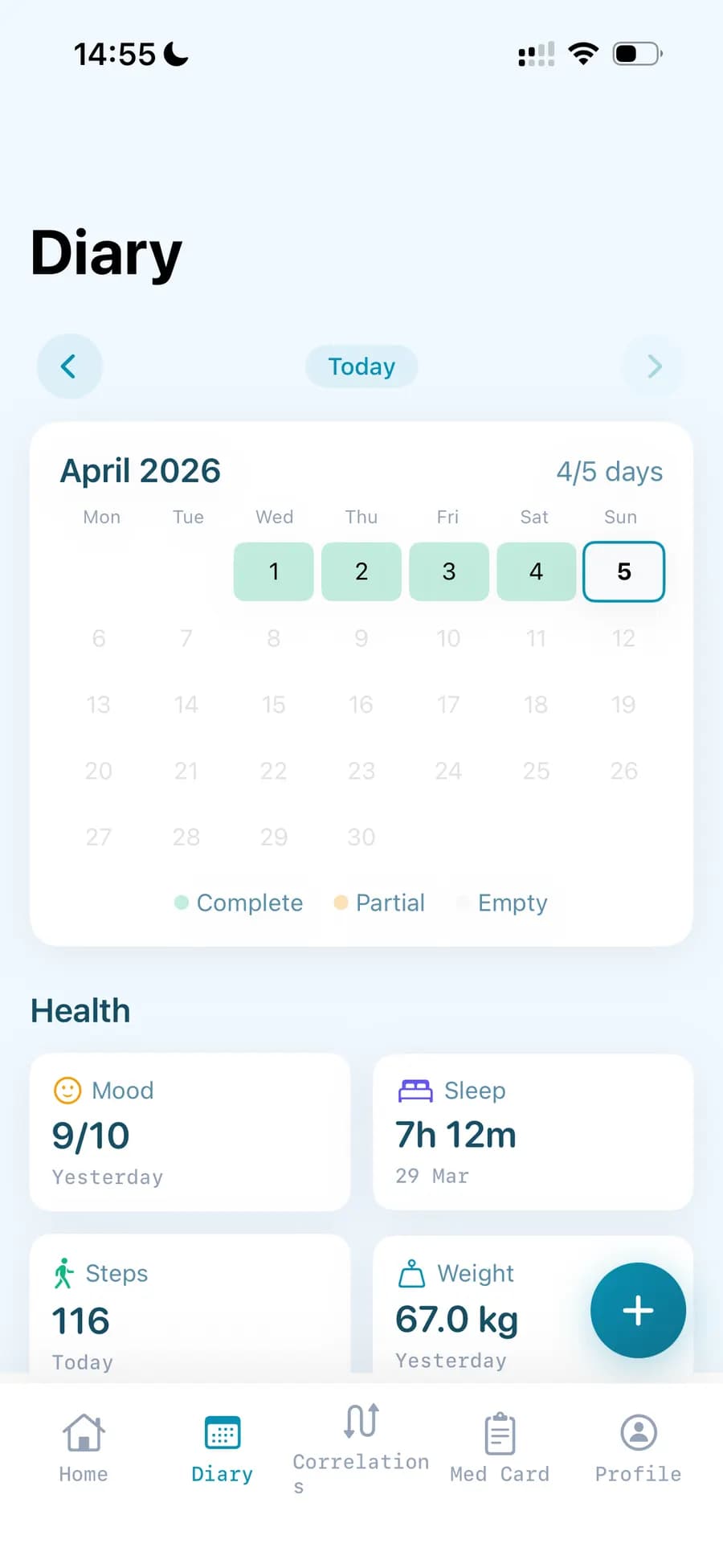 Diary with April 2026 calendar, mood, sleep, steps, and weight cards