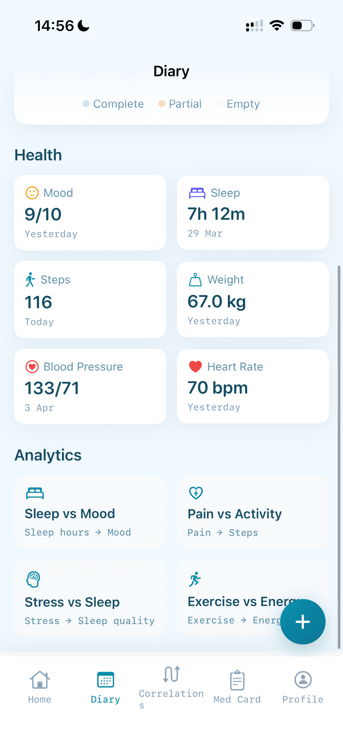Дневник с метриками здоровья (настроение, сон, шаги, вес, давление, пульс) и быстрыми ссылками на аналитику корреляций