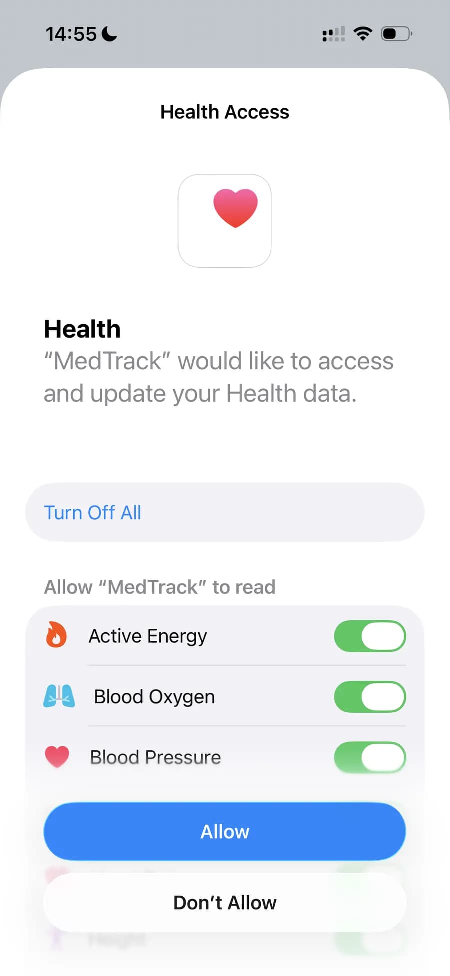 Apple HealthKit access request — read Active Energy, Blood Oxygen, Blood Pressure