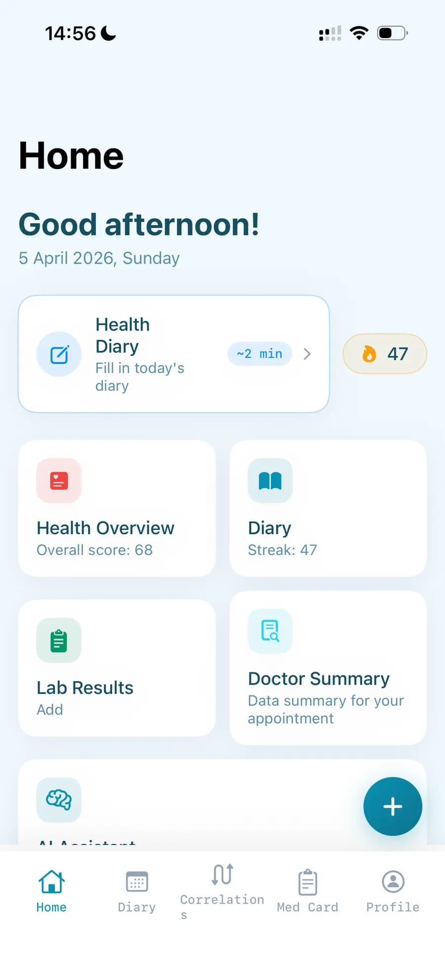 Home screen with greeting, quick access to diary, health overview, lab results, and AI assistant