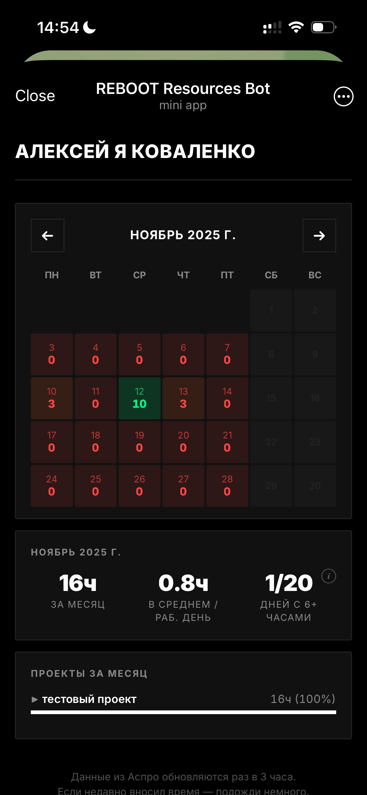 Telegram Mini App — персональный дашборд часов: календарь за месяц с разбивкой по дням, итоговая статистика и список проектов