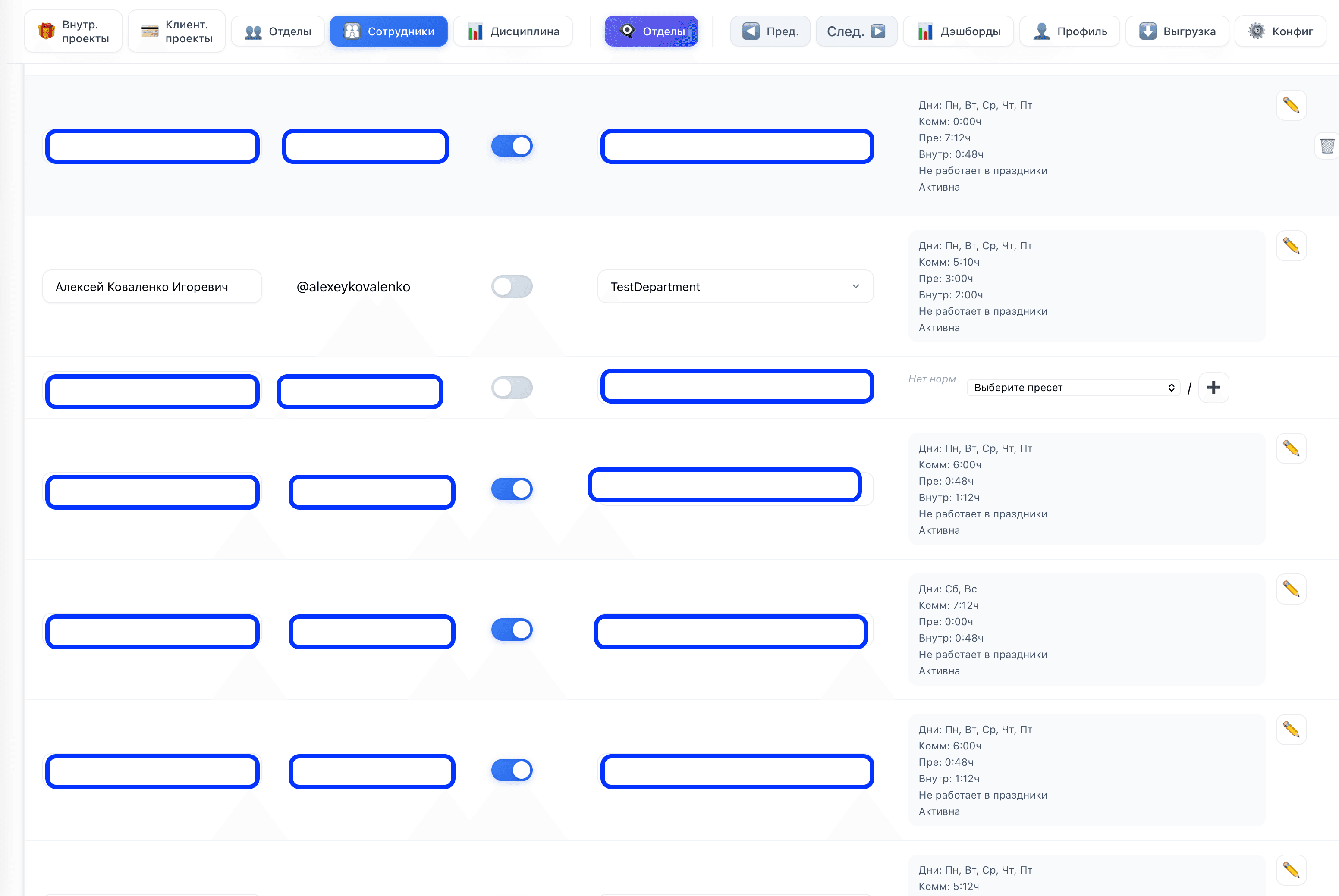 Список сотрудников с рабочими графиками, отделами и настройками доступности.