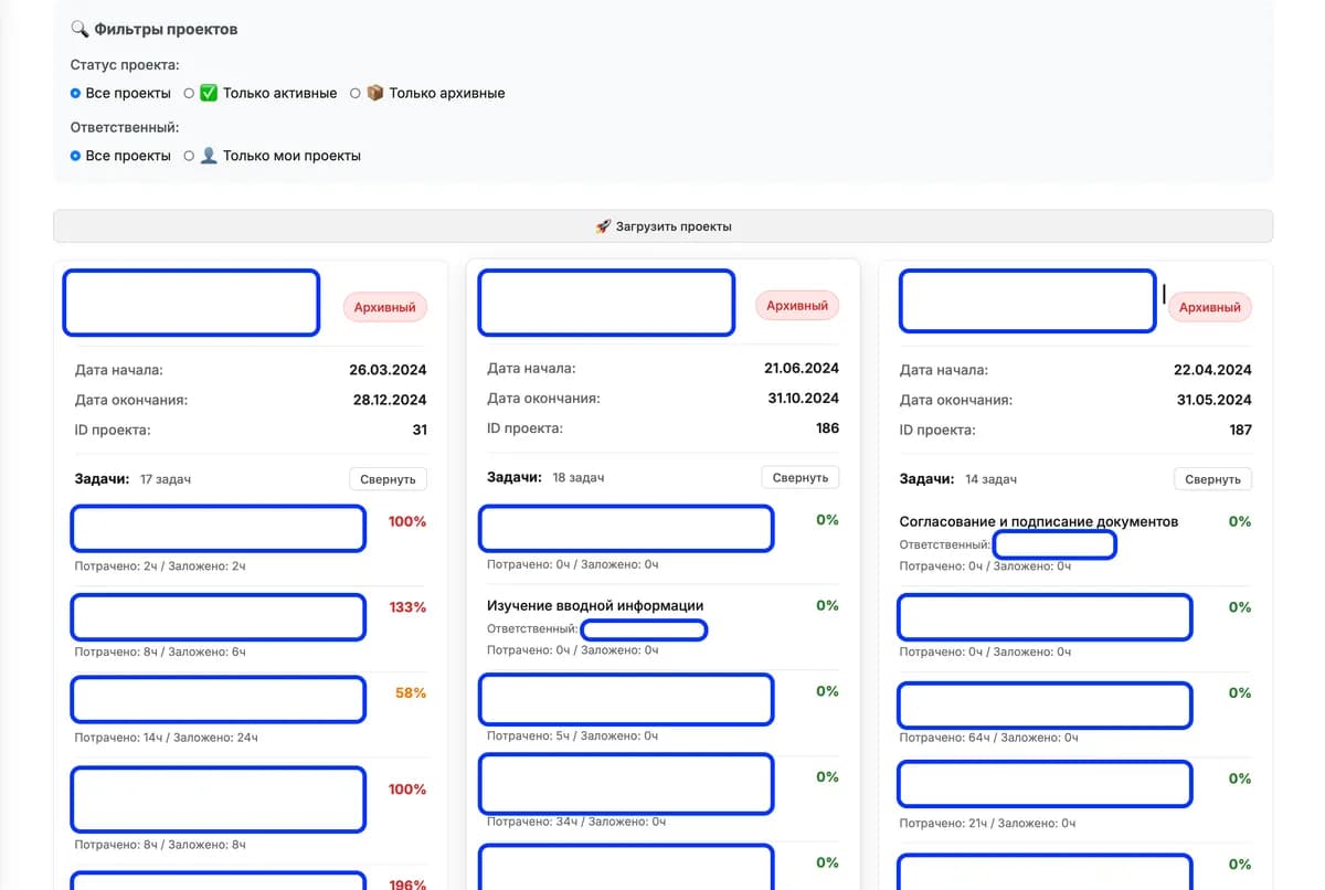 Client project cards with filters, dates, tasks, and completion percentage.