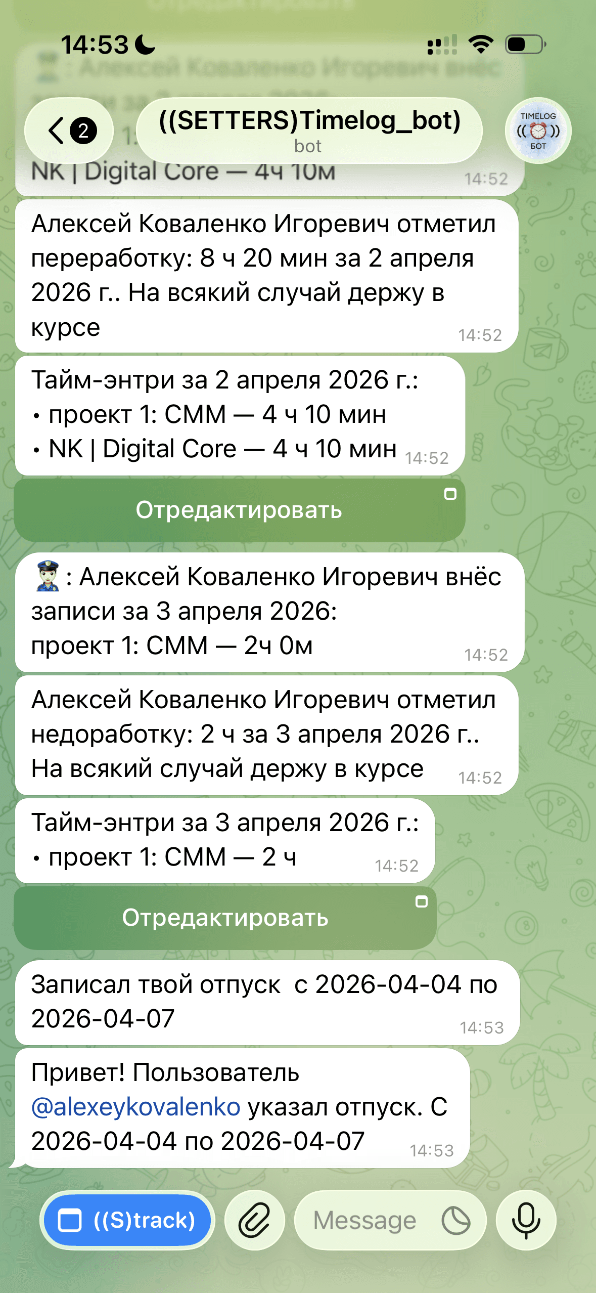 Чат с ботом: напоминания и уведомления о списании часов