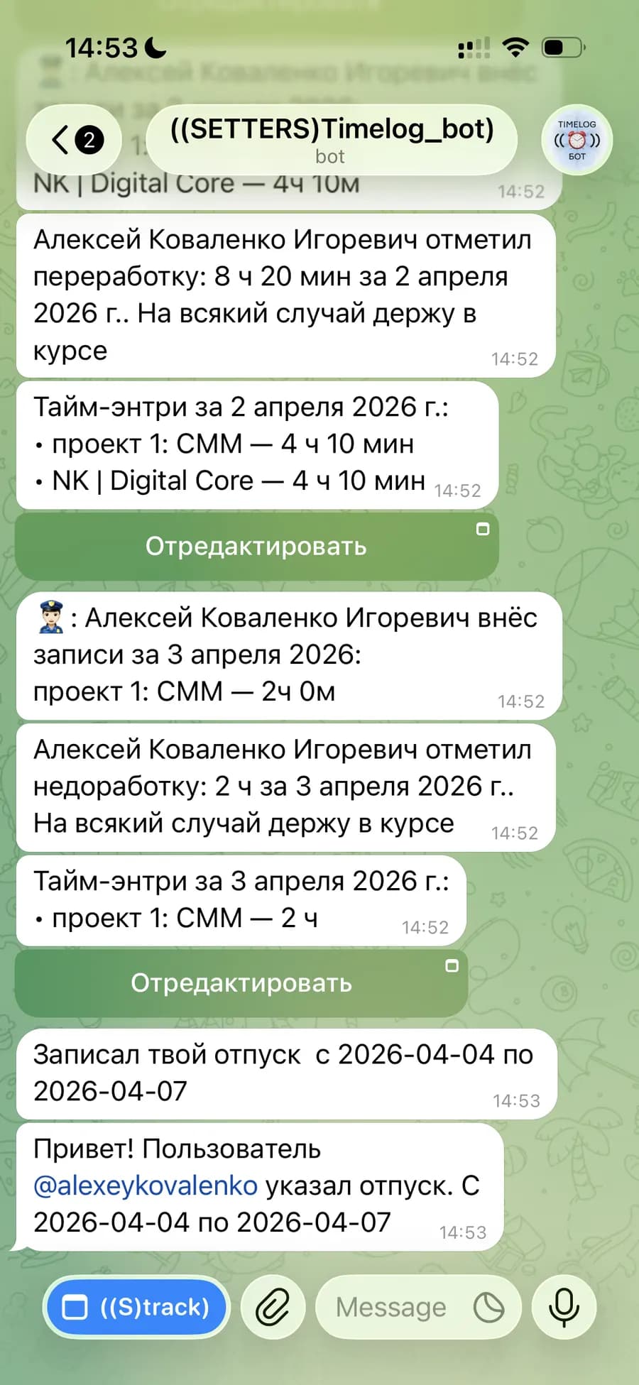 Bot chat: reminders and notifications about time logging
