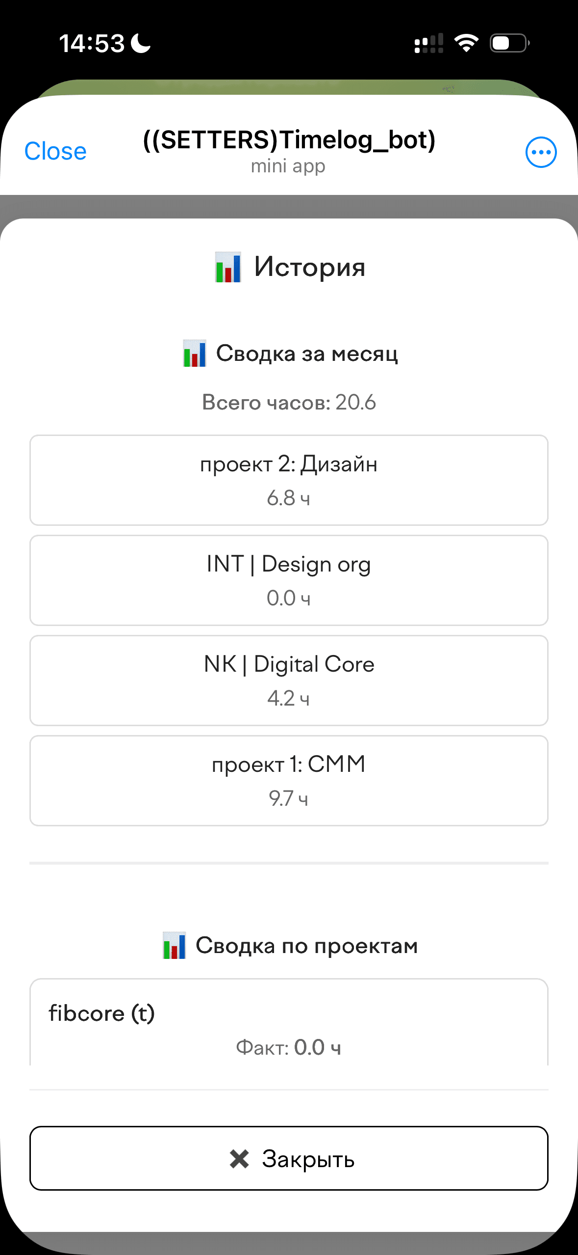 Месячная сводка часов по проектам