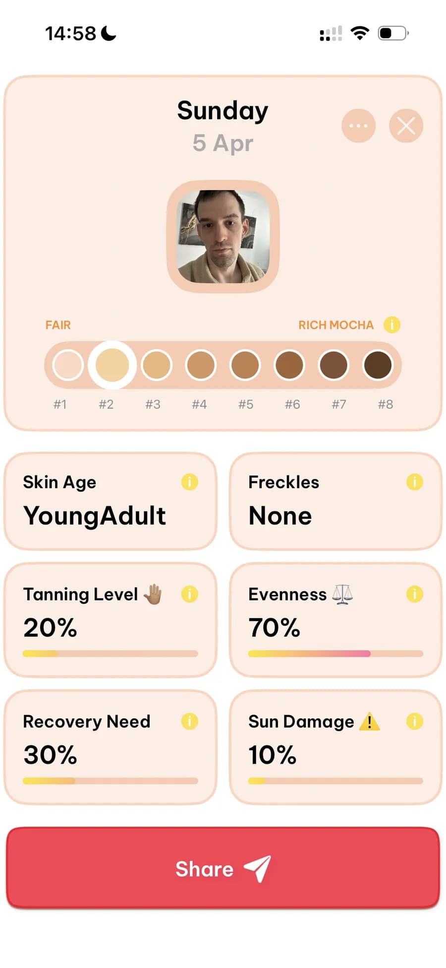 AI skin analysis results: skin age, tan level 20%, evenness 70%, sun damage 10%