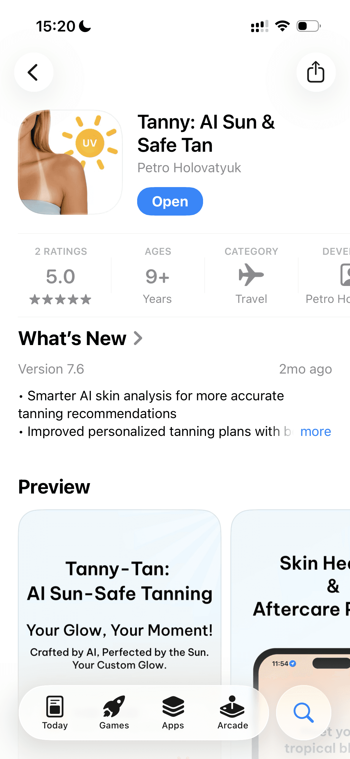 Страница приложения в App Store: Tanny AI Sun & Safe Tan, рейтинг 5.0, версия 7.6