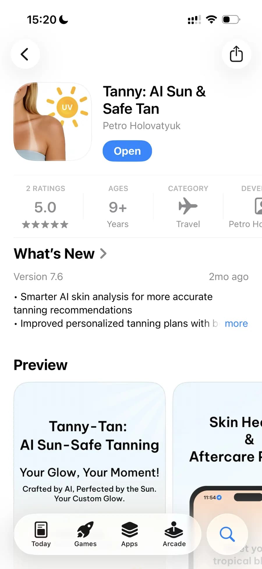 App Store page: Tanny AI Sun & Safe Tan, rating 5.0, version 7.6