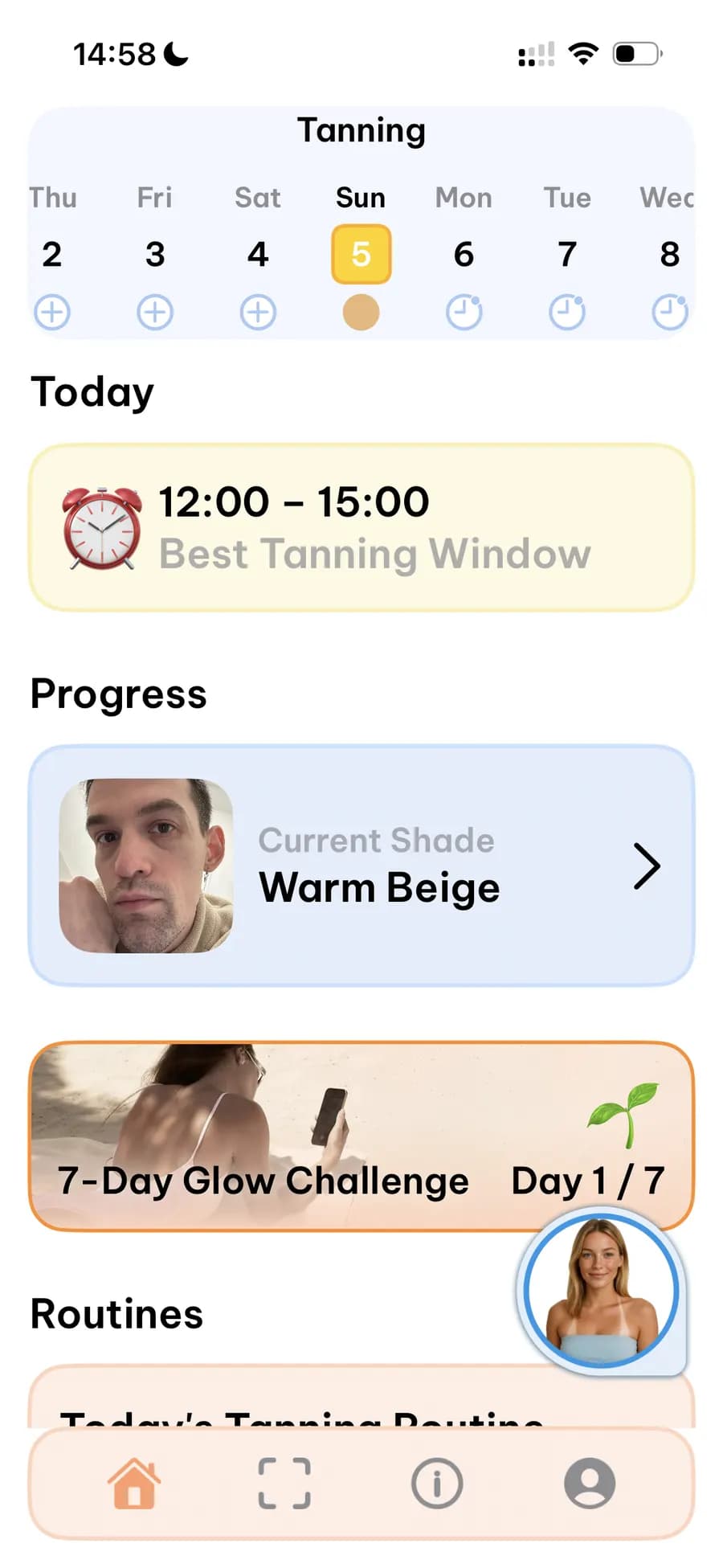 Home screen: calendar, best tanning window, current shade Warm Beige, 7-day challenge