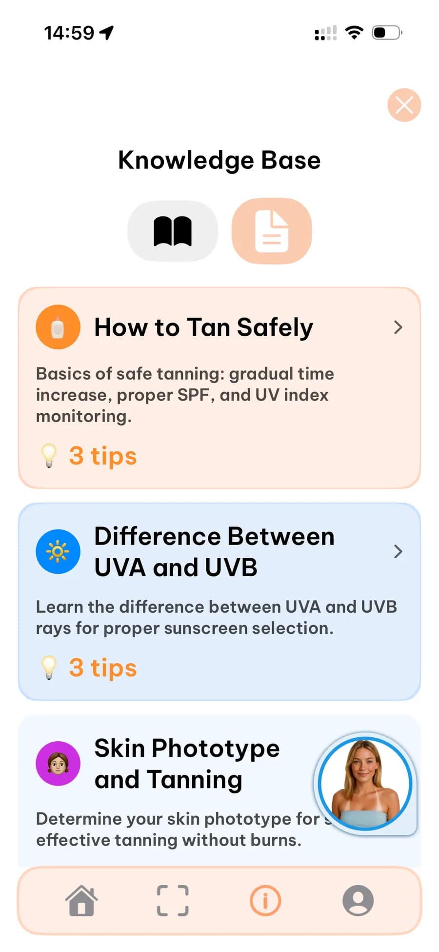 Knowledge base (articles): safe tanning, UVA vs UVB rays, skin phototype and tanning