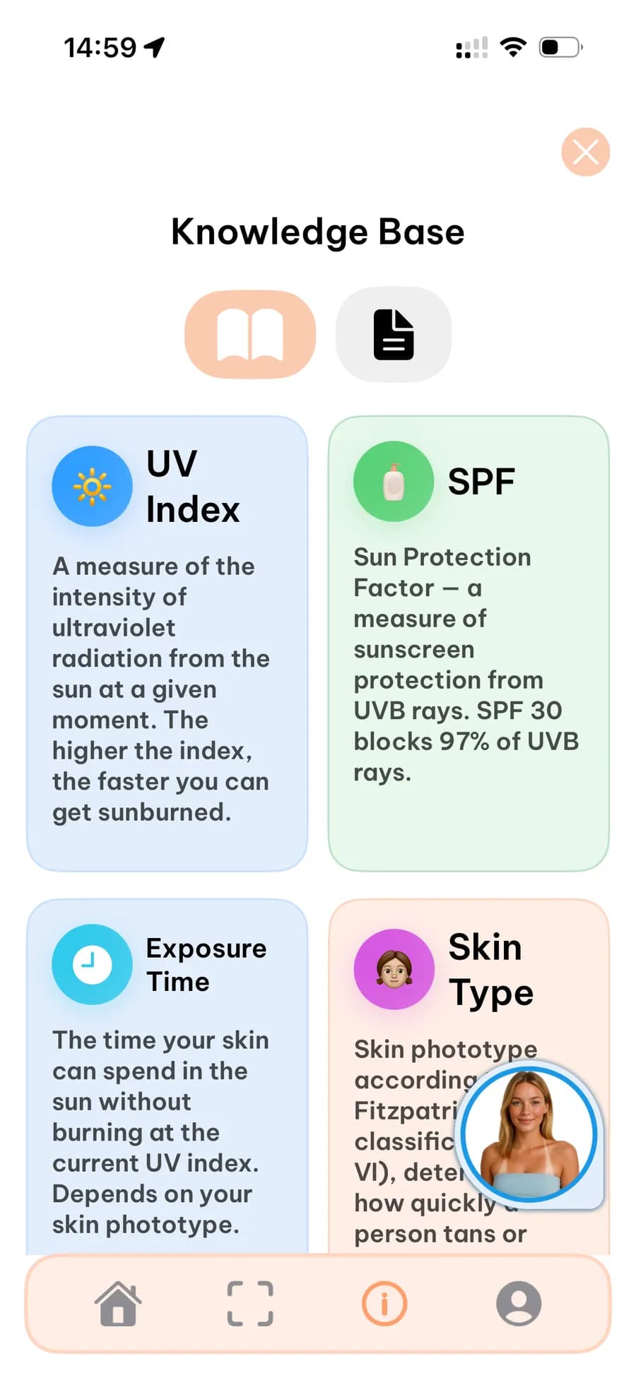 Knowledge base (cards): UV index explanation, SPF, exposure time, and skin type