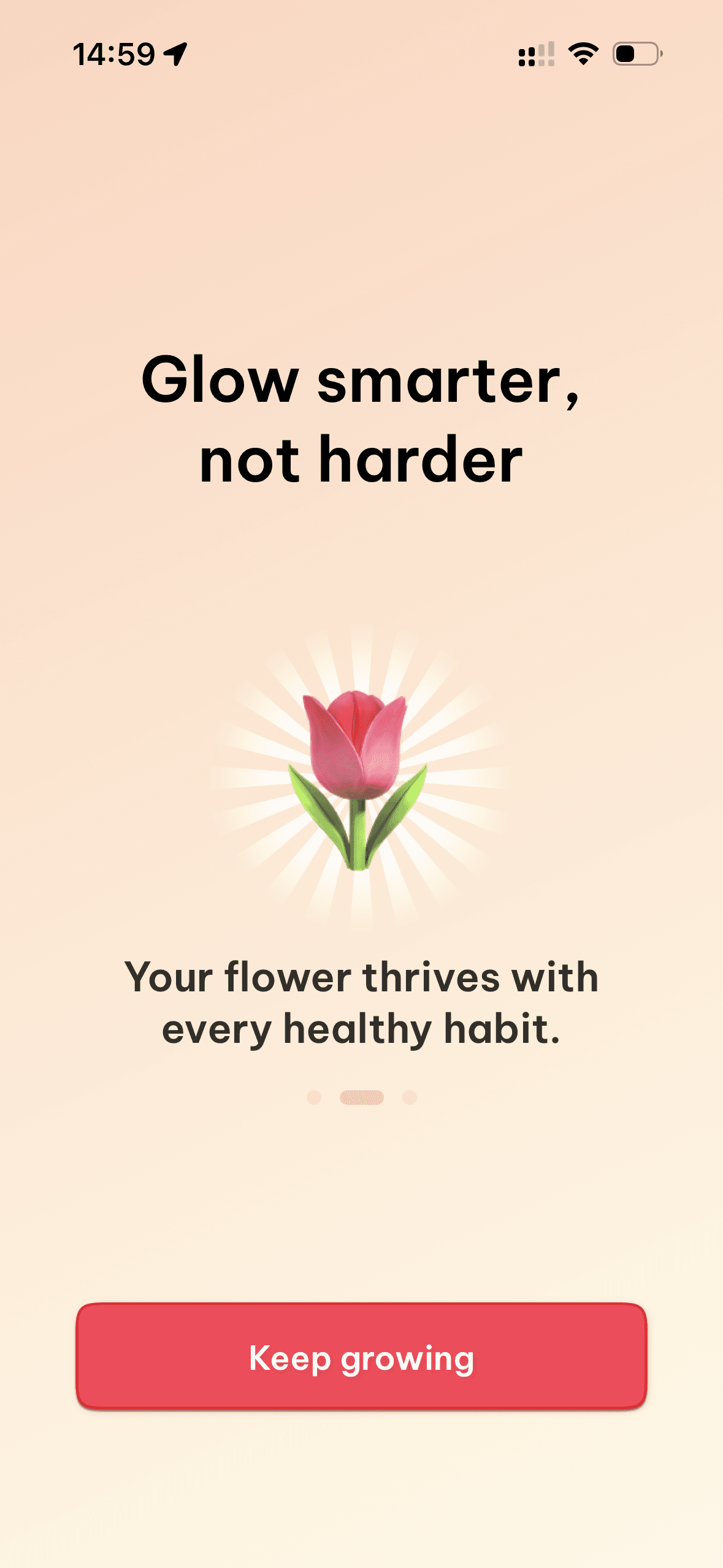 Онбординг-экран: мотивационный слоган «Glow smarter, not harder» с иллюстрацией цветка