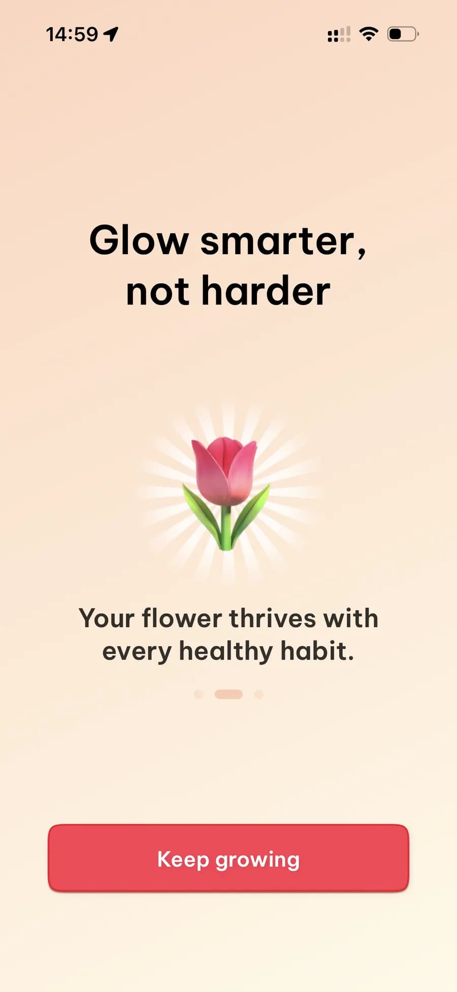 Onboarding screen: motivational tagline "Glow smarter, not harder" with flower illustration