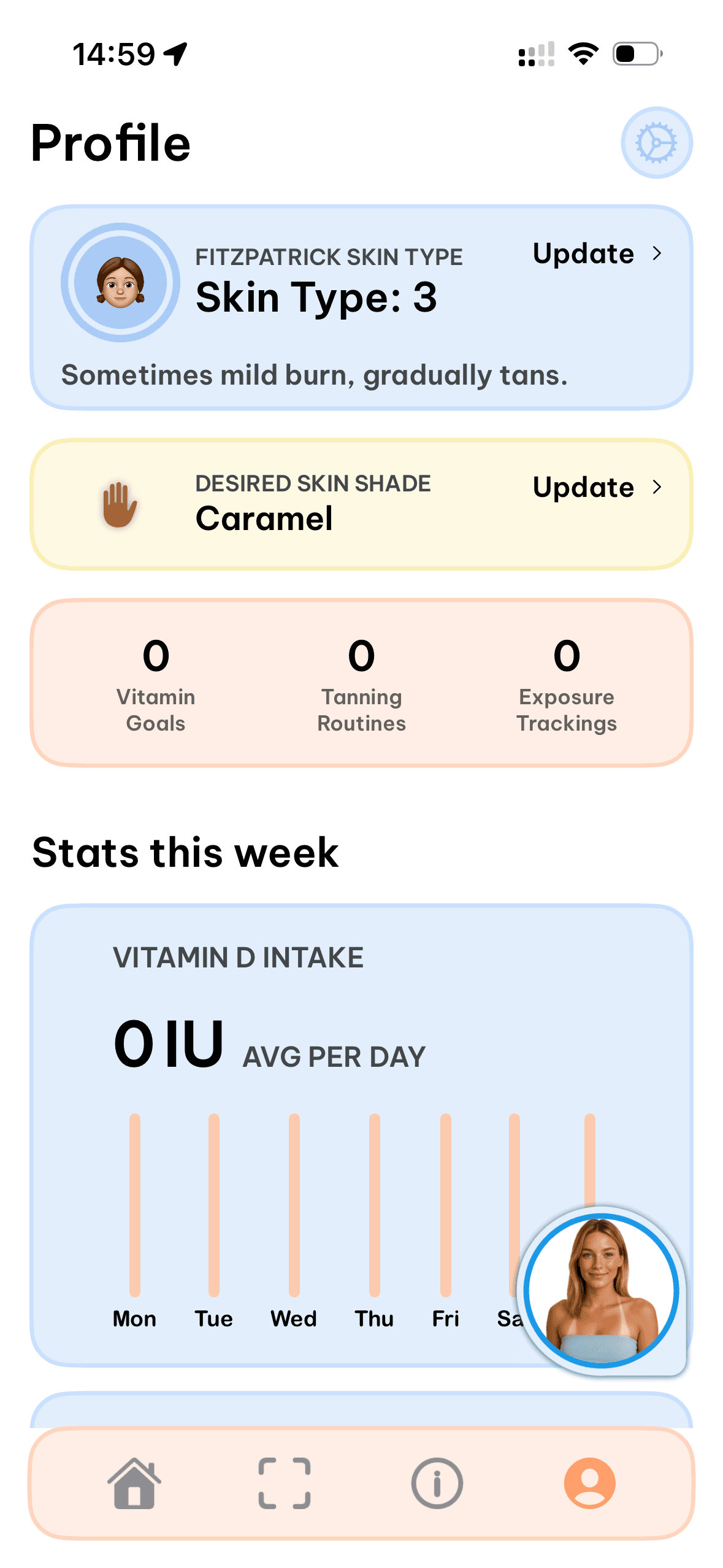 Профиль пользователя: тип кожи по Фитцпатрику 3, желаемый оттенок Caramel, статистика витамина D за неделю