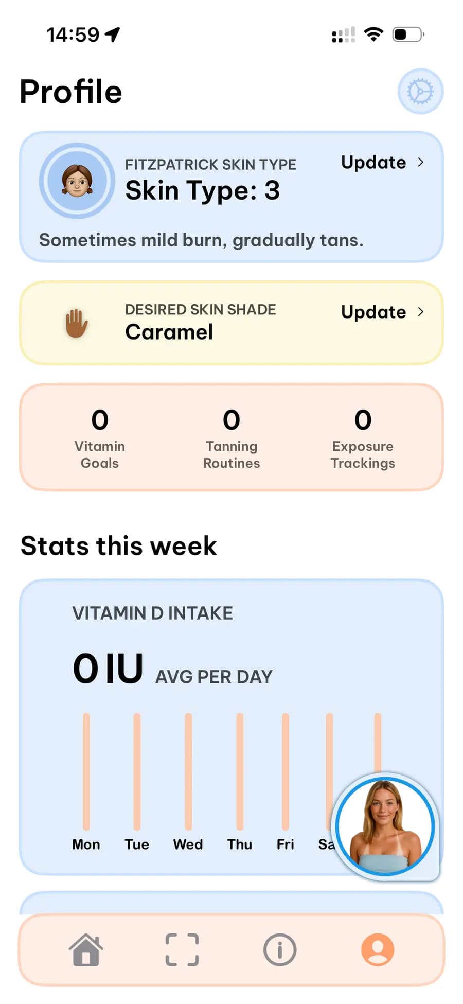 User profile: Fitzpatrick skin type 3, desired shade Caramel, weekly vitamin D statistics