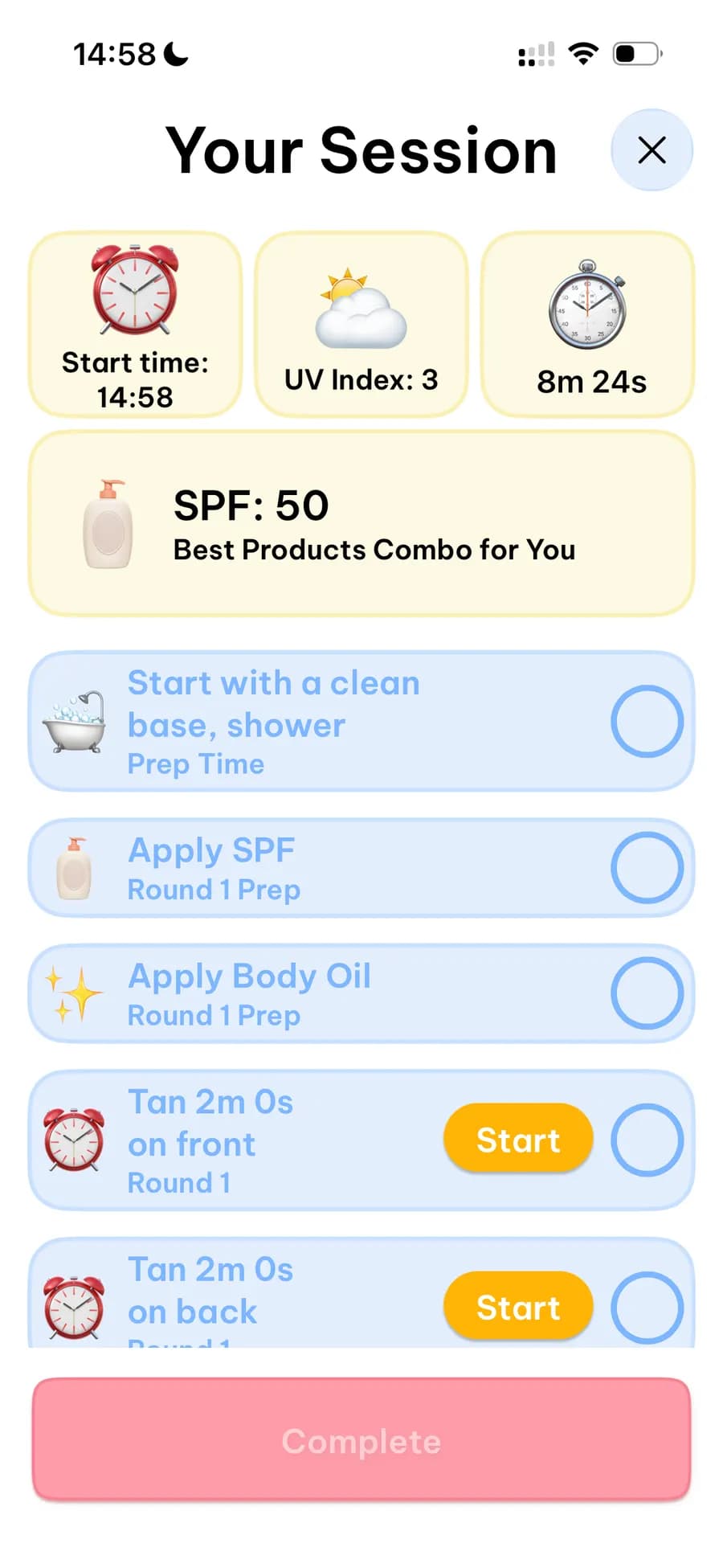 Tanning session: step-by-step routine with timers — preparation, apply SPF 50, tan front and back 2 min each