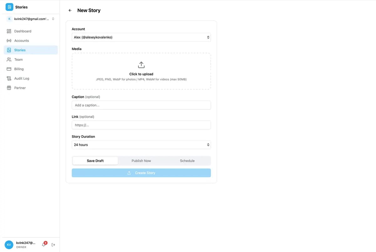 New story creation form with media upload, caption, link, and schedule selection.